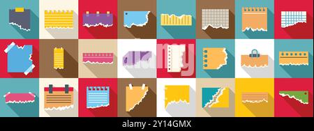 Rip note sheet strip icons set. Torn papers, notes, pieces of paper with shadow effect icons set showing different types of rips and tears Stock Vector
