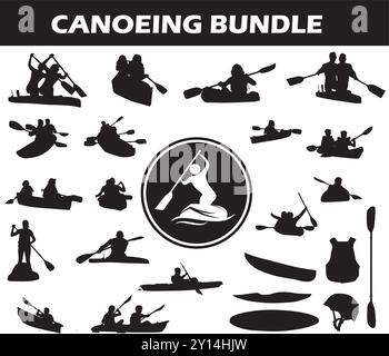Canoeing Silhouette Bundle | Collection of Canoeing Players with Logo and Canoeing Equipment Stock Vector