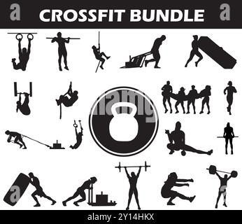 CrossFit Silhouette Bundle | Collection of CrossFit Players with Logo and CrossFit Equipment Stock Vector