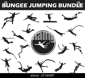 Bungee Jumping Silhouette Bundle | Collection of Bungee Jumping Players with Logo and Bungee Jumping Equipment Stock Vector