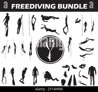 Freediving Silhouette Bundle | Collection of Freediving Players with Logo and Freediving Equipment Stock Vector