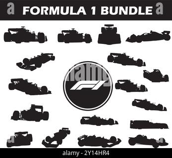 Formula 1 Silhouette Bundle | Collection of Formula 1 Players with Logo and Formula 1 Equipment Stock Vector