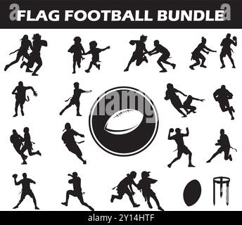 Flag Football Silhouette Bundle | Collection of Flag Football Players with Logo and Flag Football Equipment Stock Vector