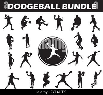 Dodgeball Silhouette Bundle | Collection of Dodgeball Players with Logo and Dodgeball Equipment Stock Vector