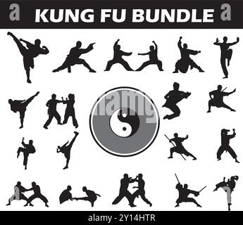 Kung Fu Silhouette Bundle | Collection of Kung Fu Players with Logo and Kung Fu Equipment Stock Vector