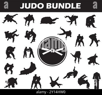 Judo Silhouette Bundle | Collection of Judo Players with Logo and Judo Equipment Stock Vector