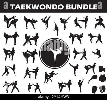 Taekwondo Silhouette Bundle | Collection of Taekwondo Players with Logo and Taekwondo Equipment Stock Vector