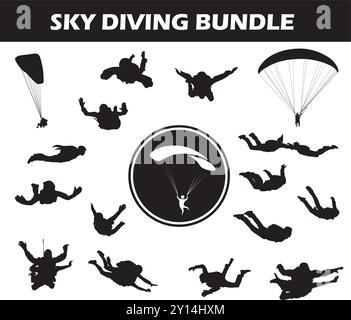 Sky Diving Silhouette Bundle | Collection of Sky Diving Players with Logo and Sky Diving Equipment Stock Vector