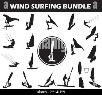 Wind Surfing Silhouette Bundle | Collection of Wind Surfing Players with Logo and Wind Surfing Equipment Stock Vector