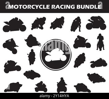 Motorcycle Racing Silhouette Bundle | Collection of Motorcycle Racing Players with Logo and Motorcycle Racing Equipment Stock Vector