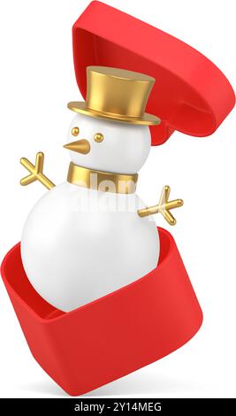 Snowman Christmas toy in flying red open gift box heart shape 3d icon realistic vector illustration. Xmas New Year traditional bauble in present packa Stock Vector