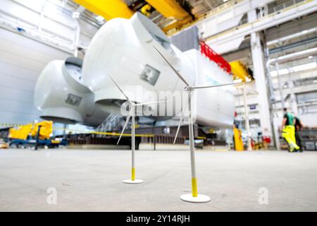 Cuxhaven, Germany. 05th Sep, 2024. Nacelles for offshore wind turbines stand behind models of wind turbines in a Siemens Gamesa production hall. German President Steinmeier visited Siemens Gamesa's offshore nacelle production facility as part of his 'Workshop of Change' series of events, which aims to shed light on structural changes in society and their effects. In Cuxhaven and Stade, Steinmeier's visits focused on the energy transition in industrial production. Credit: Sina Schuldt/dpa/Alamy Live News Stock Photo