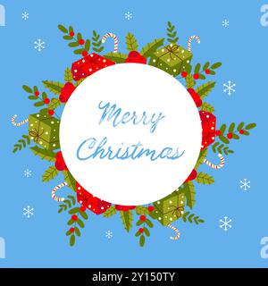 Postcard on blue background happy christmas. Simple cute vector frame Stock Vector
