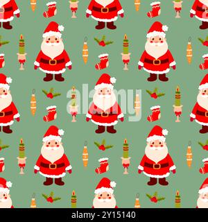 Seamless Christmas pattern on green background, santa,toy, sock.  Background for gift paper or fabric. vector Stock Vector