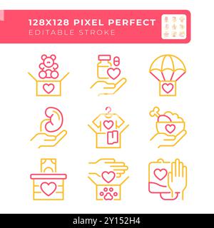 Charity contributions two color line icons set Stock Vector
