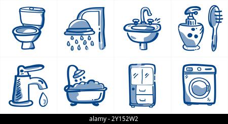 Explore a curated collection of bathroom and laundry icons, including a toilet, sink, and washing machine, hand drawn doodles, blue ink painted vector Stock Vector