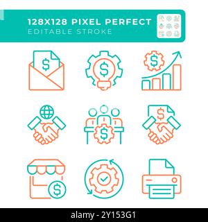 Successful business formula two color line icons set Stock Vector