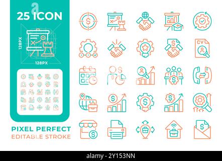 Business management two color line icons set Stock Vector