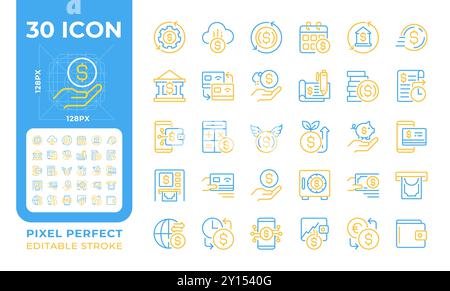 Money and finance two color line icons set Stock Vector