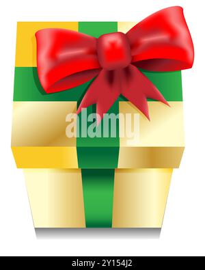 Christmas Present in gold wrapping and a red decorative bow with green ribbon, Xmas box Stock Vector