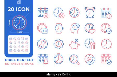 Time and clock two color line icons set Stock Vector