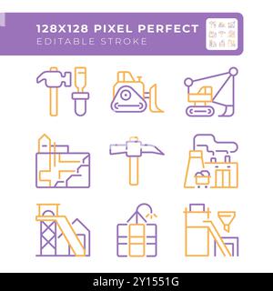 Mining industry related two color line icons set Stock Vector