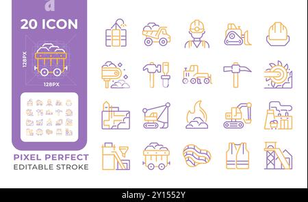 Coal mining two color line icons set Stock Vector