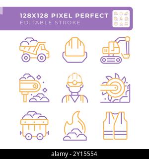Coal extraction two color line icons set Stock Vector