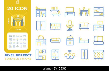 Furniture and home decor two color line icons set Stock Vector