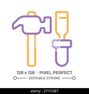 Hammer and chisel two color line icon Stock Vector