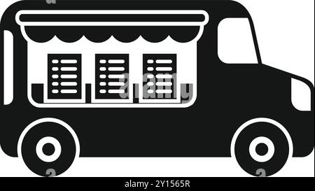 Black simple vector icon of a food truck offering street food using local products Stock Vector