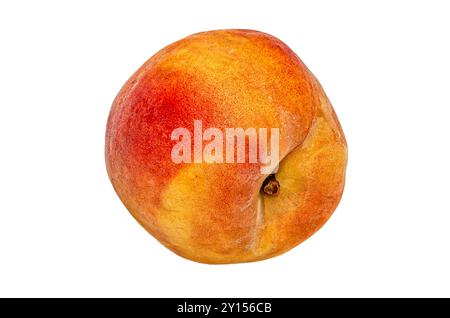 Single wet ripe peach with visible water drops isolated on white background. Vitamins, diet, health Stock Photo