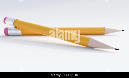 The pencils are sharpened and have pink erasers on their ends. It appears to be a simple, minimalist still life; 3d illustration. Stock Photo