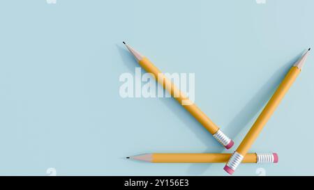 The pencils are sharpened and have pink erasers on their ends. It appears to be a simple, minimalist still life; 3d illustration. Stock Photo