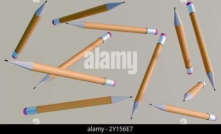 The pencils are sharpened and have pink erasers on their ends. It appears to be a simple, minimalist still life; 3d illustration. Stock Photo