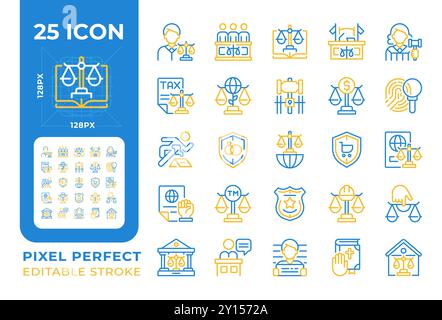 Justice and rule of law two color line icons set Stock Vector