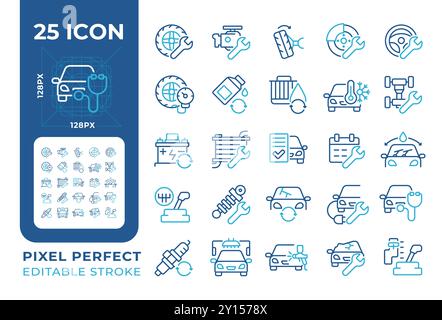 Car maintenance and repair services two color line icons set Stock Vector