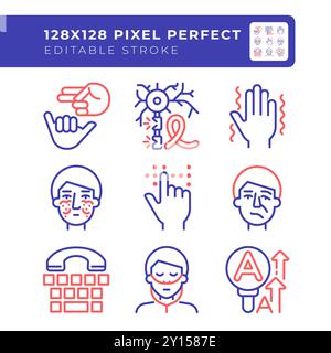 Neurology disease two color line icons set Stock Vector