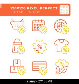 Slaes and discounts two color line icons set Stock Vector