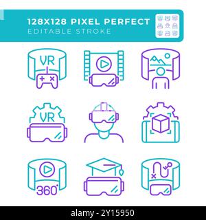Virtual reality technology and applications two color line icons set Stock Vector