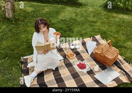 A pretty young woman relaxes on a picnic blanket, reading a book and savoring treats in the summer sun. Stock Photo