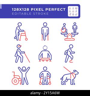 People with amputation two color line icons set Stock Vector