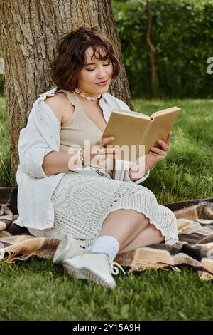 A young woman relaxes under a tree, absorbed in her book, surrounded by lush greenery and summer sunshine. Stock Photo