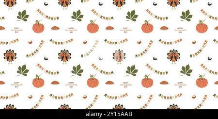 Happy thanksgiving day seamless vector pattern with Garland Flags, turkey and pumpkin. Celebration Design Elements isolated on White background. Seaso Stock Vector