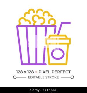 Movie popcorn bucket pixel perfect two color line icon Stock Vector