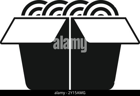 Black and white vector icon of wok paper box full of noodles, concept of fast food delivery or takeaway service Stock Vector