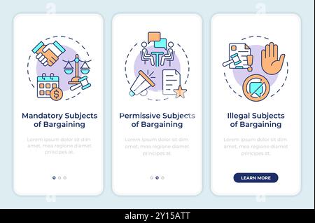 Types of subjects of bargaining onboarding mobile app screen Stock Vector