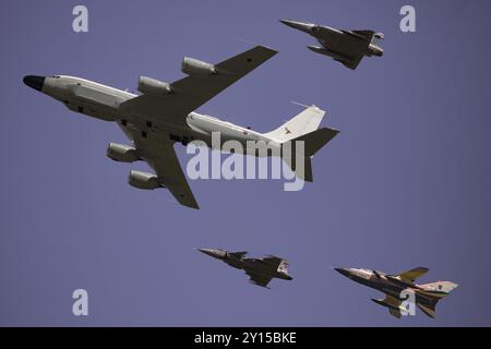 Boeing Rivet Joint, Tornado, Mirage and Gripen performing the NATO Flypast at the 2024 Royal International Air Tattoo. Stock Photo