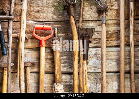 Rusty old gardening tools hanging on wooden wall. Stock Photo