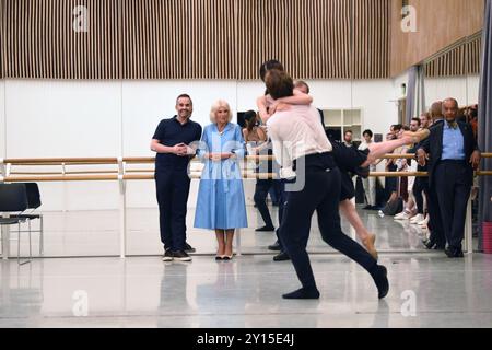 Aaron S. Watkin, Artistic Director and Queen Camilla, Patron of English National Ballet watch rehearsals at the English National Ballet's Mulryan Centre for Dance in east London. This is the Queen's first official visit to the English National Ballet since being made its patron earlier this year. Picture date: Thursday September 5, 2024. Stock Photo